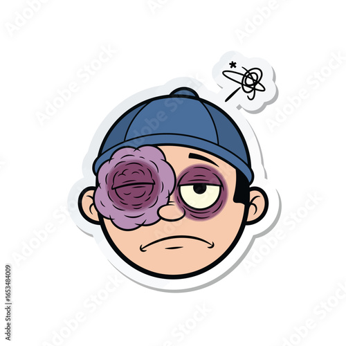 Cartoon man with a black eye isolated on white background the bruise is swollen and painful, a sign of injury and violence the victim of an attack needs medical treatment and care