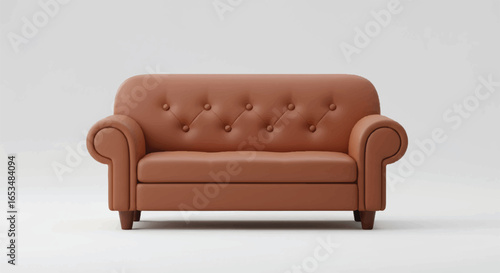 Brown Leather Sofa with Buttoned Back Rolled Arms and Wooden Legs.