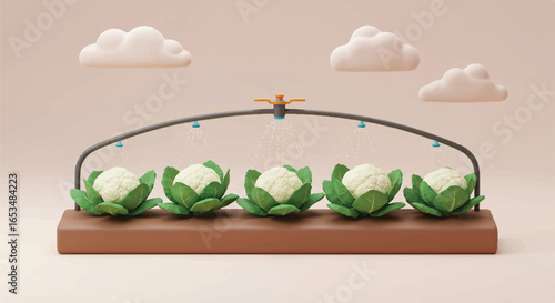 Cartoon Cauliflower Plants Growing Under Sprinkler System in Garden.