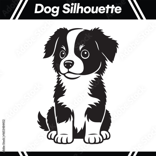 Black and white silhouette of a cute puppy sitting, outlined design.