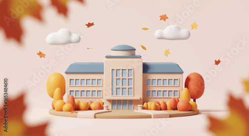Cartoon School Building with Autumnal Elements and Falling Leaves.