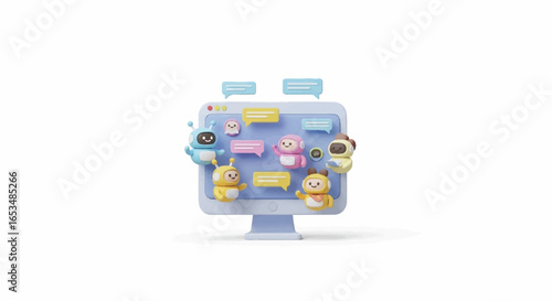 Cute 3D Rendered Chatbots Interacting on a Computer Screen Smiling.