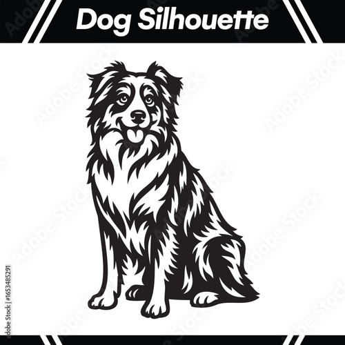Black and white vector illustration of a Border Collie dog sitting, facing forward, with detailed fur and a happy expression.