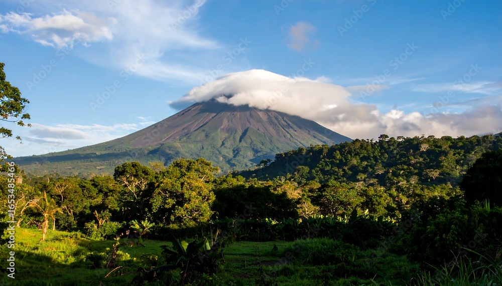 Fototapeta premium Volcanic peak with clouds. Lush landscape