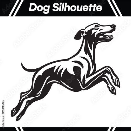 Black and white silhouette of a dog in mid-jump, detailed illustration.