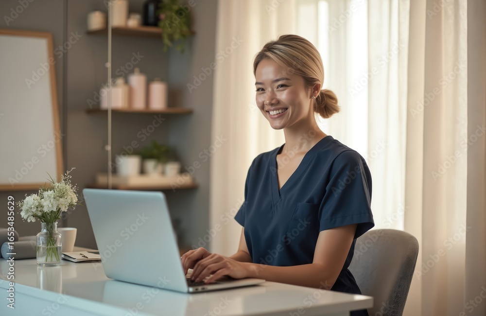 Asian woman cosmetologist smiles at laptop in bright room. Pro beautician works in wellness spa. Beauty treatment, skincare, facial massage, hydratation, rejuvenation, wellbeing, relaxation. Asian woman cosmetologist smiles at laptop in bright room. Pro beautician works in wellness spa. Beauty treatment, skincare, facial massage, hydratation, rejuvenation, wellbeing, relaxation.