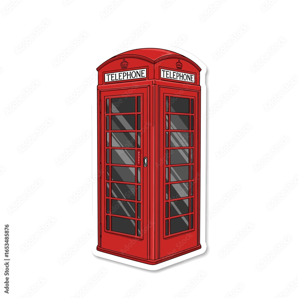 Obraz premium Vintage red British telephone booth vector, classic phone box illustration in EPS, iconic street kiosk for travel design