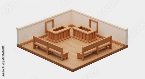 Isometric Courtroom Scene with Wooden Tables Benches and Walls.