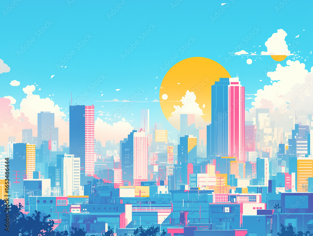 Fototapeta premium レトロでポップな1980年代風のカートゥーンスタイル都市風景イラスト。ピンク、黄色、ライトブルーなど柔らかな色彩で描かれた高層ビル群と太陽、雲が印象的。素材として活用可能で、線画のシンプルなタッチが余白を生かし、抽象的でおしゃれなデザイン背景にも使えるイラストレーション。