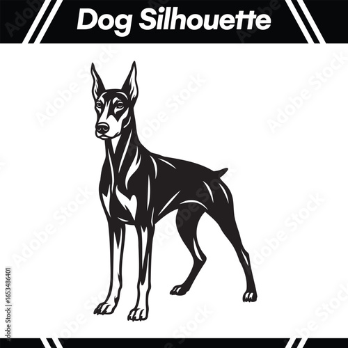 A stylized black and white vector illustration of a Doberman Pinscher dog standing alert, showcasing its muscular physique and distinctive pointed ears.