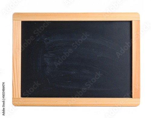 Empty black chalkboard with a light wood frame on a white background. Blank school slate for message, menu, or education concept.