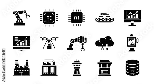 A collection of black glyph icons representing industrial automation, artificial intelligence, and modern technology concepts.