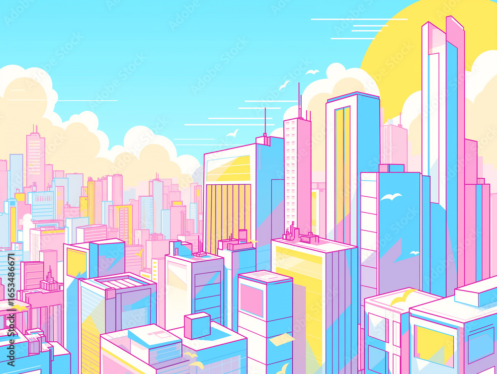 Fototapeta premium 1980年代テイストを思わせるカートゥーンスタイルの都市風景。ピンク、黄色、ライトブルーの淡い色合いで描かれた高層ビル群と太陽や雲をモチーフにした素材。線画でシンプルかつレトロポップな雰囲気を持ち、背景や余白を活かしたモダンデザインに最適なイラストレーション。