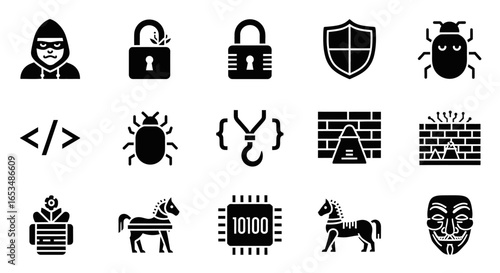 A modern set of solid black glyph icons representing cybersecurity, hacking, computer viruses, and digital protection concepts.