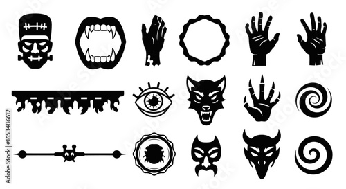 A diverse set of black silhouette icons for Halloween, featuring monsters, creatures, and spooky symbols.