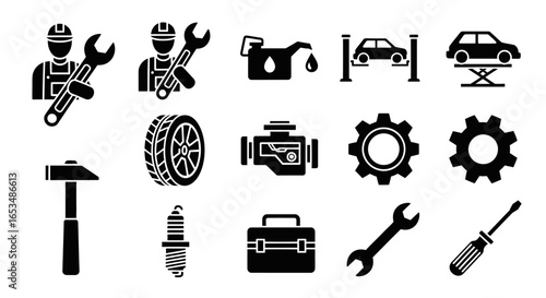 A set of black solid glyph icons for automotive repair, including a mechanic, tools, and car parts.