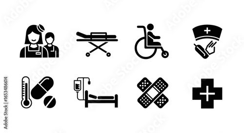 A set of eight solid black medical and healthcare glyph icons for hospital and emergency services.
