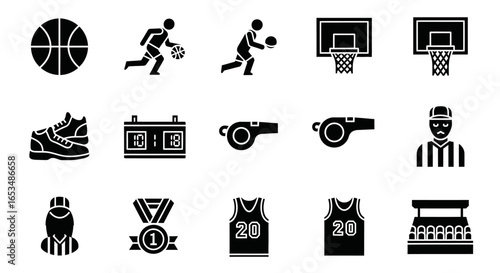 Basketball Game Icons Set: Players, Equipment, and Officials