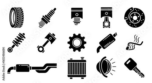 Black and White Automotive Parts Icons for Car Repair and Maintenance
