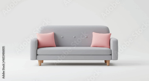 Modern Gray Sofa with Pink Pillows Wooden Legs and Buttons.