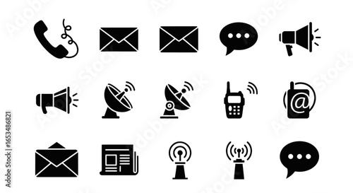 Black Communication Icons: Telephone, Email, Speech Bubble, Megaphone, and More.