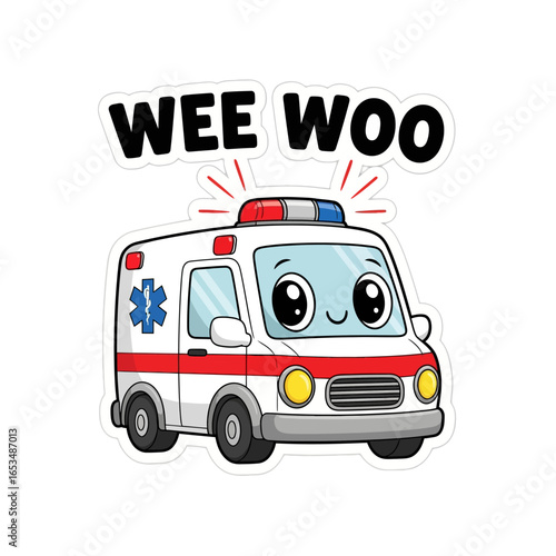 Cute cartoon ambulance with the words wee woo isolated on white background, perfect for childrens designs and medicalthemed projects