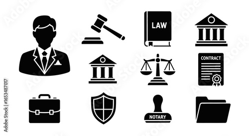 Black solid glyph icon set for law and justice, featuring a lawyer, gavel, scales, courthouse, contract, and notary stamp.