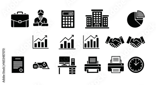 Business and Finance Icons: Solid Black Vector Set for Presentations