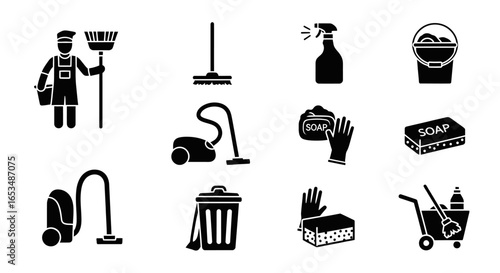 Cleaning services and janitorial equipment black glyph icons set. Solid silhouette symbols for housekeeping and maintenance.