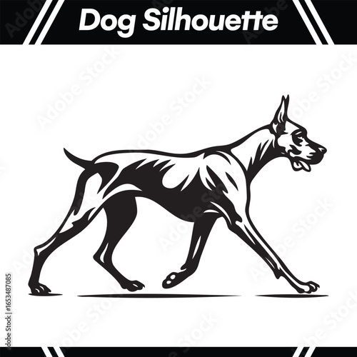 Elegant black silhouette of a dog, powerfully striding, detailed musculature.