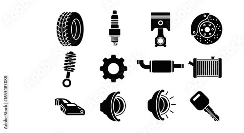 Collection of Black and White Car Parts Icons: Tire, Spark Plug, Piston, Brake Disc, Shock Absorber, Gear, Muffler, Radiator, Headlight, Car Key