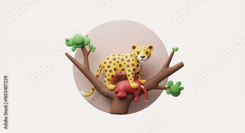 Playful 3D Render of a Spotted Cheetah on a Tree Branch.