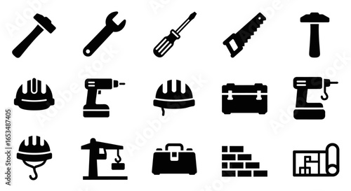 Collection of Black Silhouette Construction and Repair Tools and Safety Gear