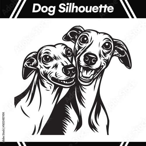 Two happy Italian Greyhounds, depicted in a detailed black and white silhouette, smiling.