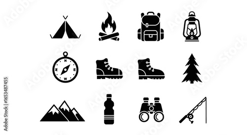 Collection of Black Silhouette Icons for Outdoor Camping and Adventure Activities