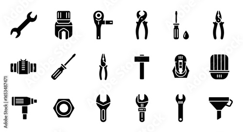 Collection of Black Silhouette Icons of Various Mechanic and Handyman Tools