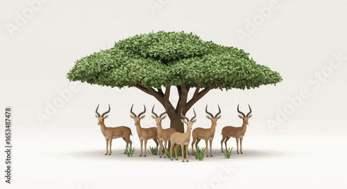 Six Stylized Impalas Standing Under a GreenLeaved Tree Rendered Illustration.