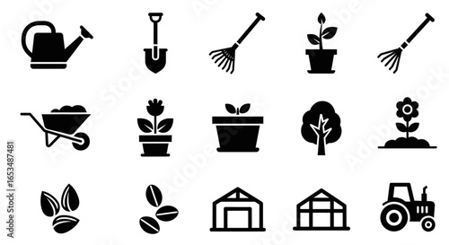 Collection of Black Silhouette Icons Representing Gardening Tools and Plants