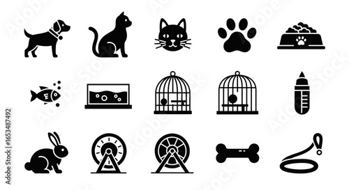 Collection of Black Silhouette Icons Representing Pet Care and Accessories
