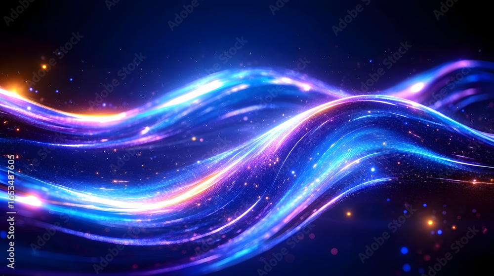 Obraz premium Vibrant digital artwork features flowing, glowing waves in shades of blue, purple, and orange, creating dynamic and futuristic atmosphere. abstract design evokes sense of motion and energy