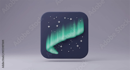 Stylized 3D Illustration of Northern Lights with Stars on Dark Blue Square.