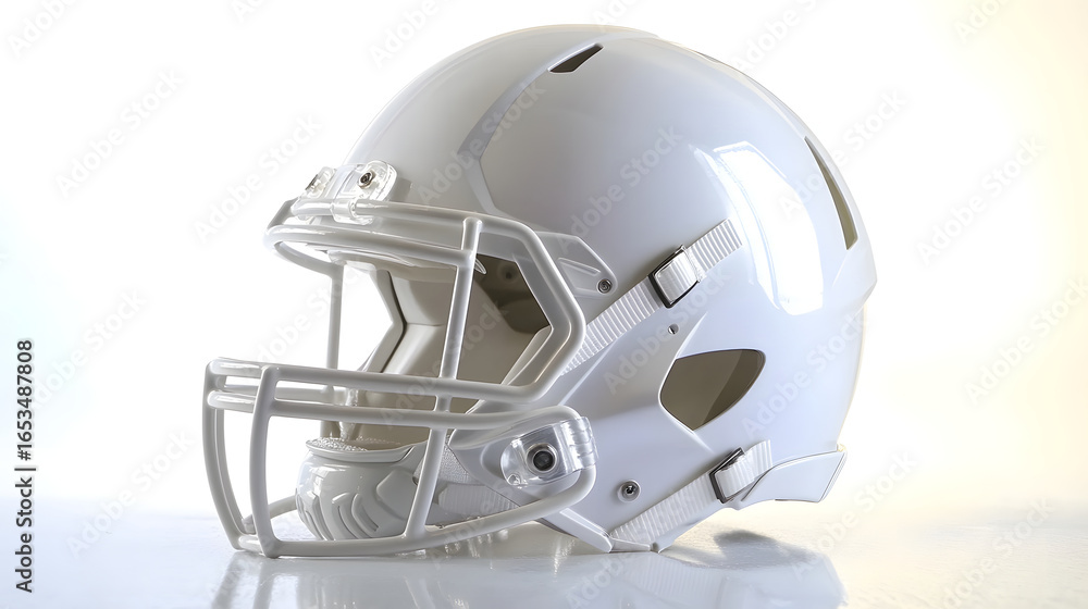 Fototapeta premium Sleek white sports helmet is displayed in studio setting, showcasing its modern design and protective features. helmet glossy finish and detailed construction highlight its professional quality