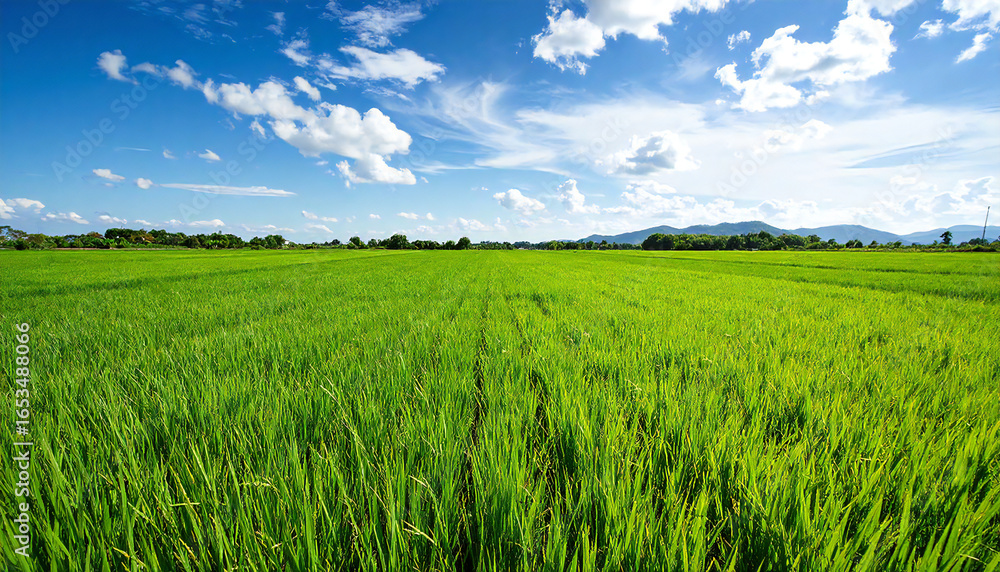 Fototapeta premium 一面に広がる緑の田んぼと青空。Green rice fields and blue skies stretch out before you.