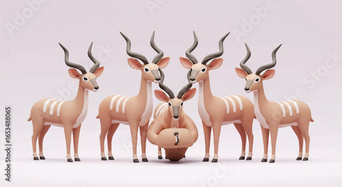 Stylized 3D Render of Kudu Antelopes with Distinctive Horns.