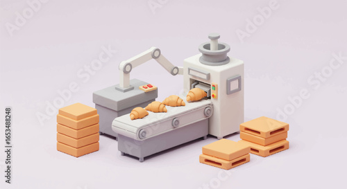 Stylized Bakery Production Line with Croissants on Conveyor Belt.