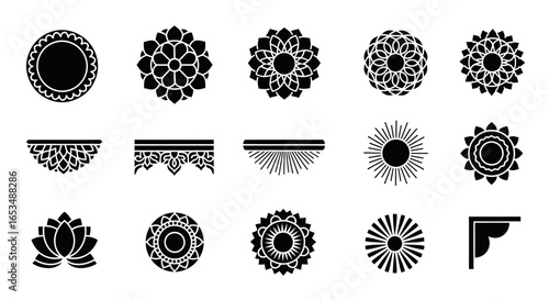 Geometric Black Silhouette Floral and Sun Icons with Decorative Elements