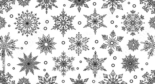 Intricate hand-drawn black snowflakes and circles in a seamless winter doodle pattern.