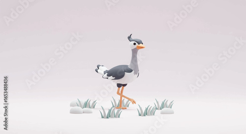 Stylized Cartoon Ostrich Walking with Gray White and Orange Colors.