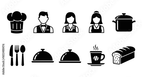Minimalist Black and White Restaurant and Food Service Vector Icons Set with Chef, Waiter, Waitress, Cooking Pot, Cutlery, Cloche, Coffee, and Bread