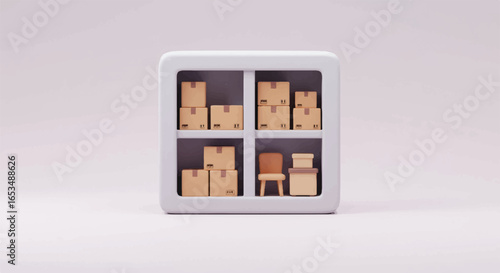 Stylized White Cubicle with Cardboard Boxes and Chair Inside.